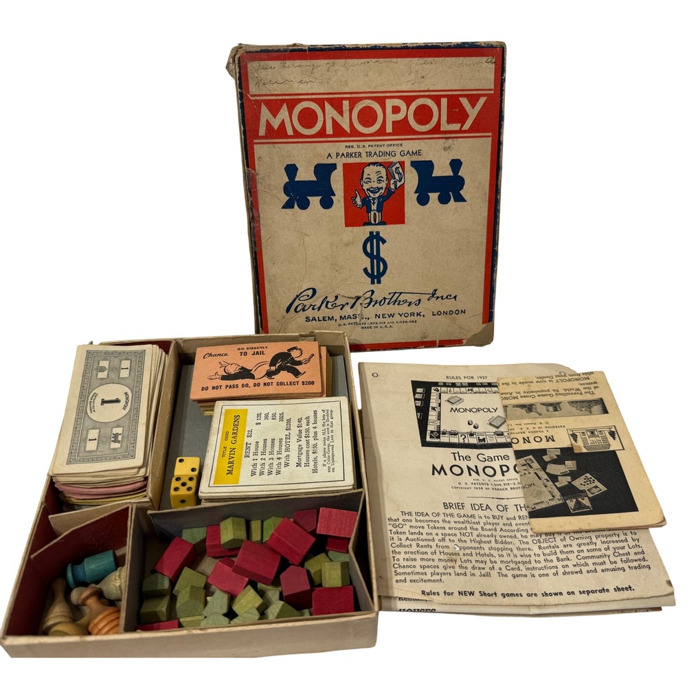 Vintage 1937 Monopoly Parker Brothers Game No Board Wood Pieces Old Trashed Box